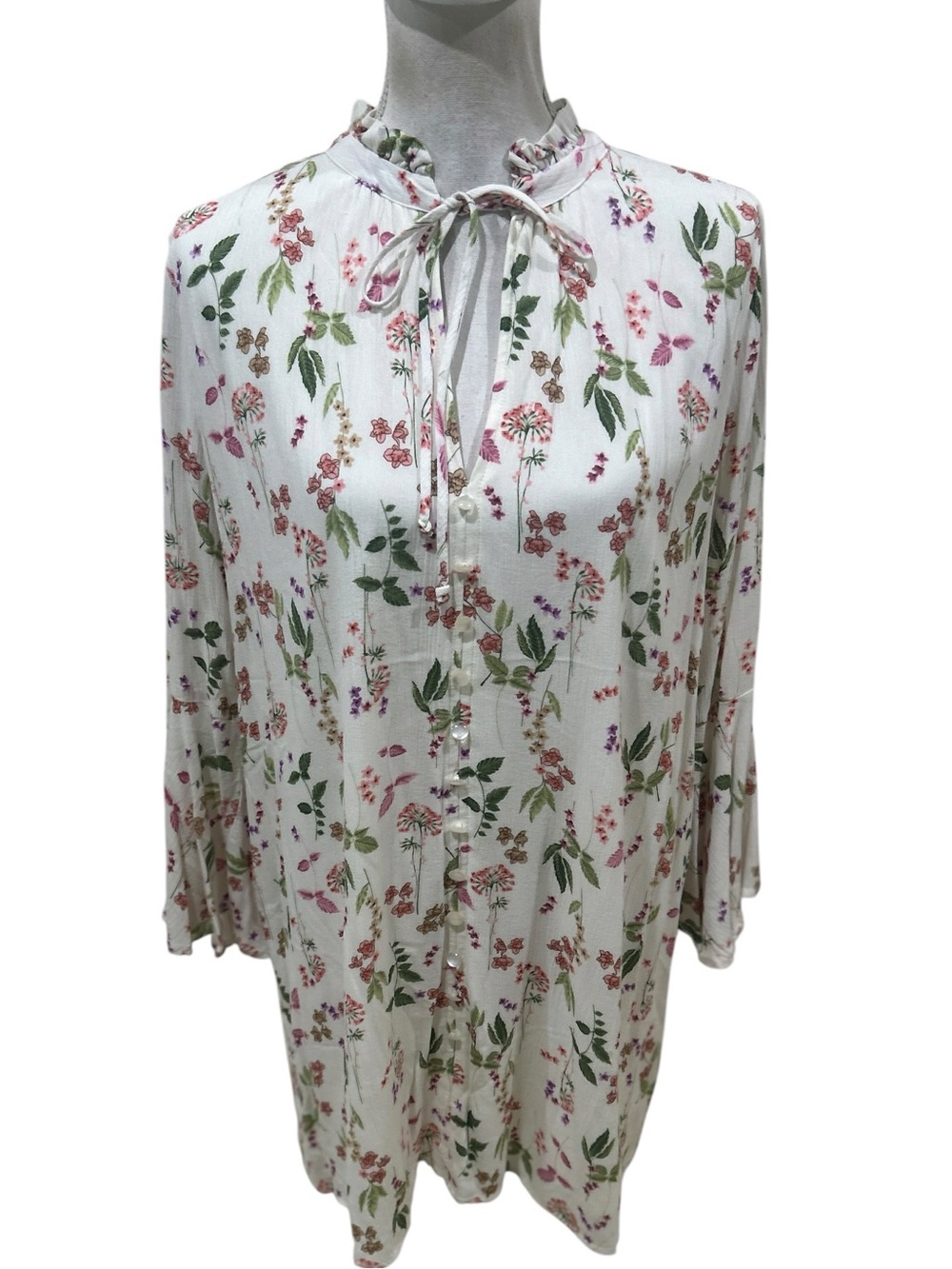 PPLA White Floral ruffle Tie-Neck Long Sleeve mini Dress lined size medium